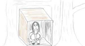 drawing of a runaway living in a box in the woods