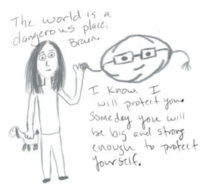 drawing of a girl telling her brain that the world is dangerous and scary