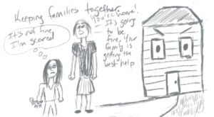 drawing of a social worker bringing a runaway abused child home
