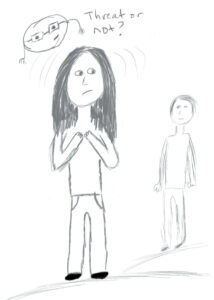 drawing of a woman looking to the side at a man asking if he is a threat or not