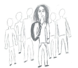 drawing of a runaway child in a crowd of people