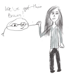 drawing of woman high fiving brain wearing glasses