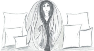 drawing of woman wrapped in blankets recovering from the stress and anxiety of her first sober thanksgiving