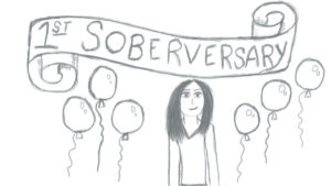 drawing of a woman celebrating her first year of live without alcohol
