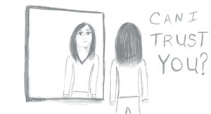 drawing of author staring at my reflection because I was betraying myself