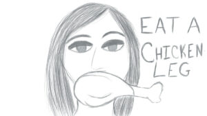 drawing of women eating a chicken leg as an example of body shaming