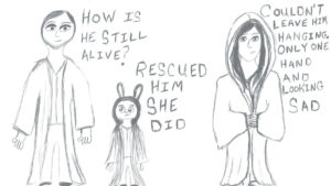 drawing of two characters trying to figure out how a third, not drawn, is still alive. Female character keeps rescuing him.