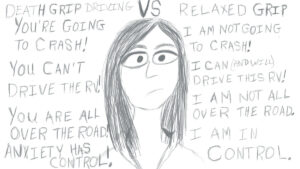 driving the RV the other day triggered so much anxiety. This drawing shows the back and forth within my brain